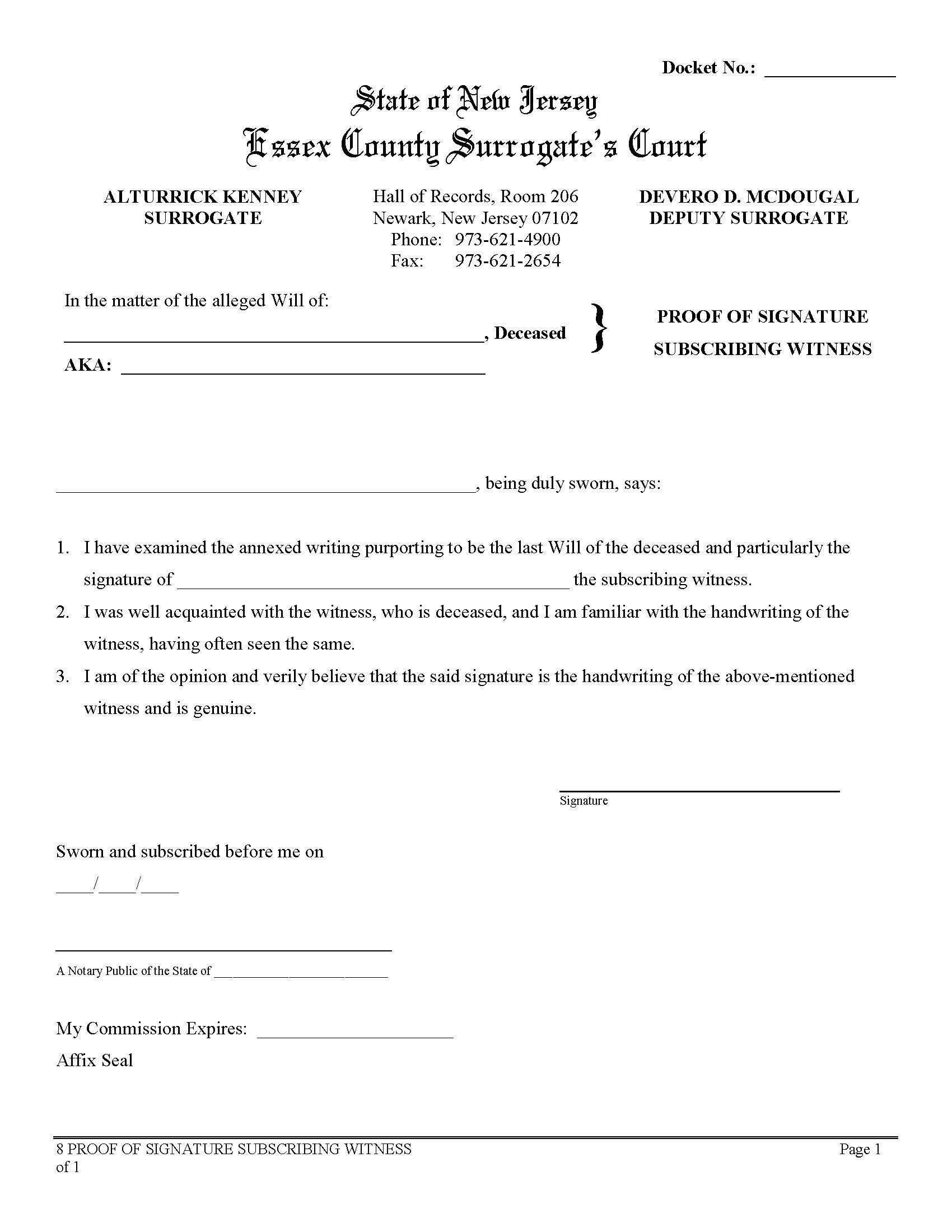 Proof Of Signature Subscribing Witness {ESS-PoSSW} | Pdf Fpdf Doc Docx | New Jersey