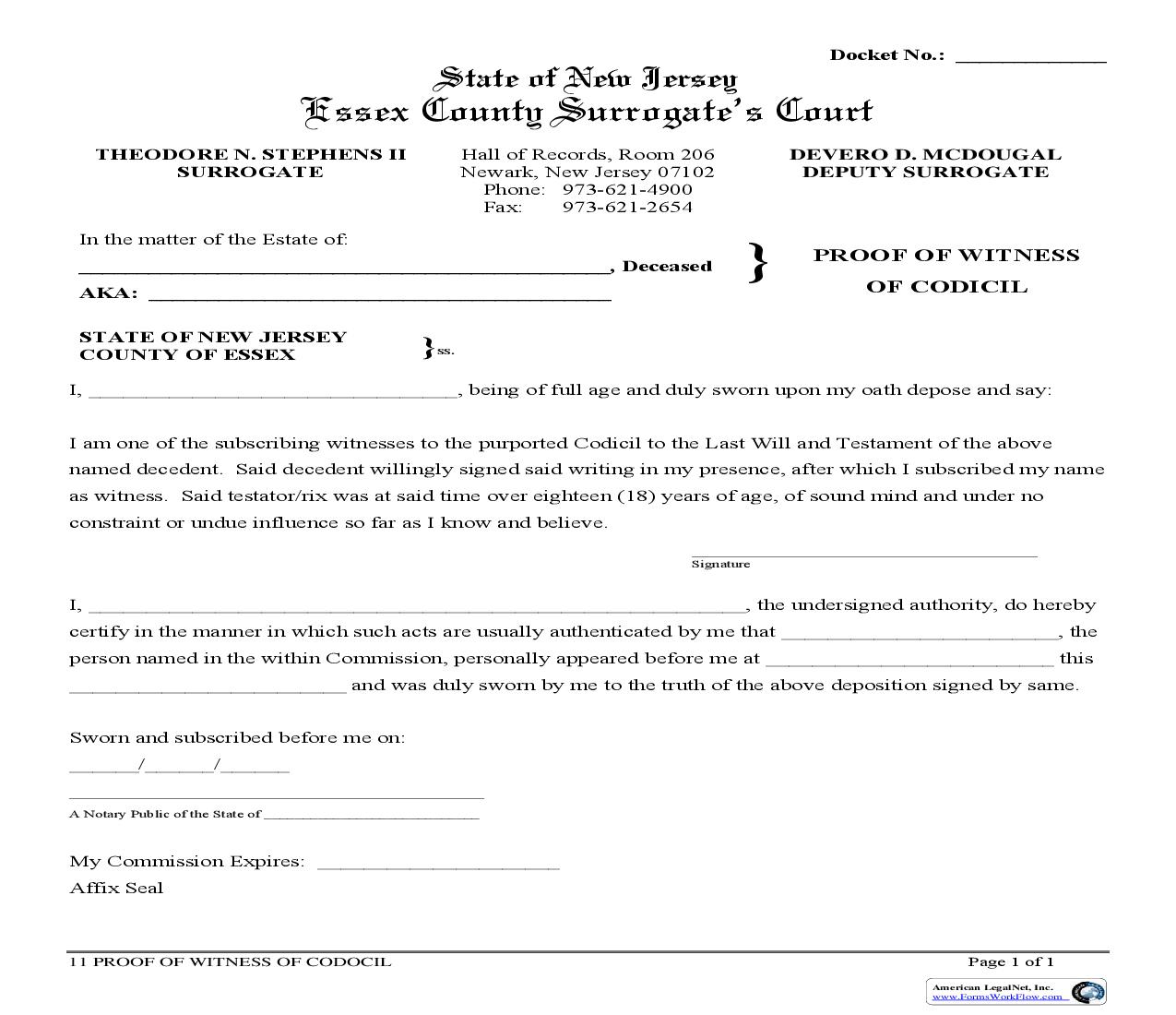 Proof Of Witness Of Codicil | Pdf Fpdf Doc Docx | New Jersey
