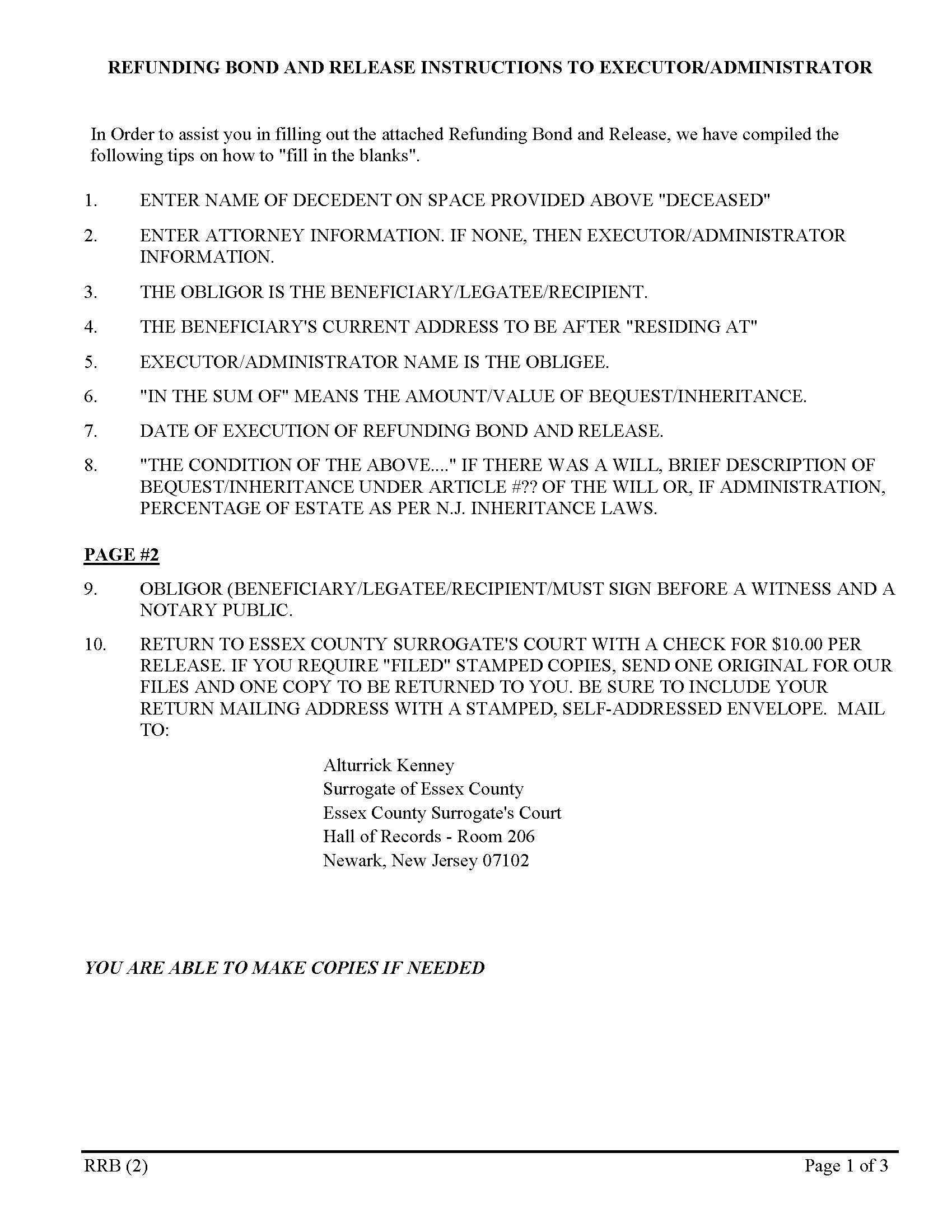 Refunding Bond And Release Executor Administrator {ESS-RBREA} | Pdf Fpdf Doc Docx | New Jersey