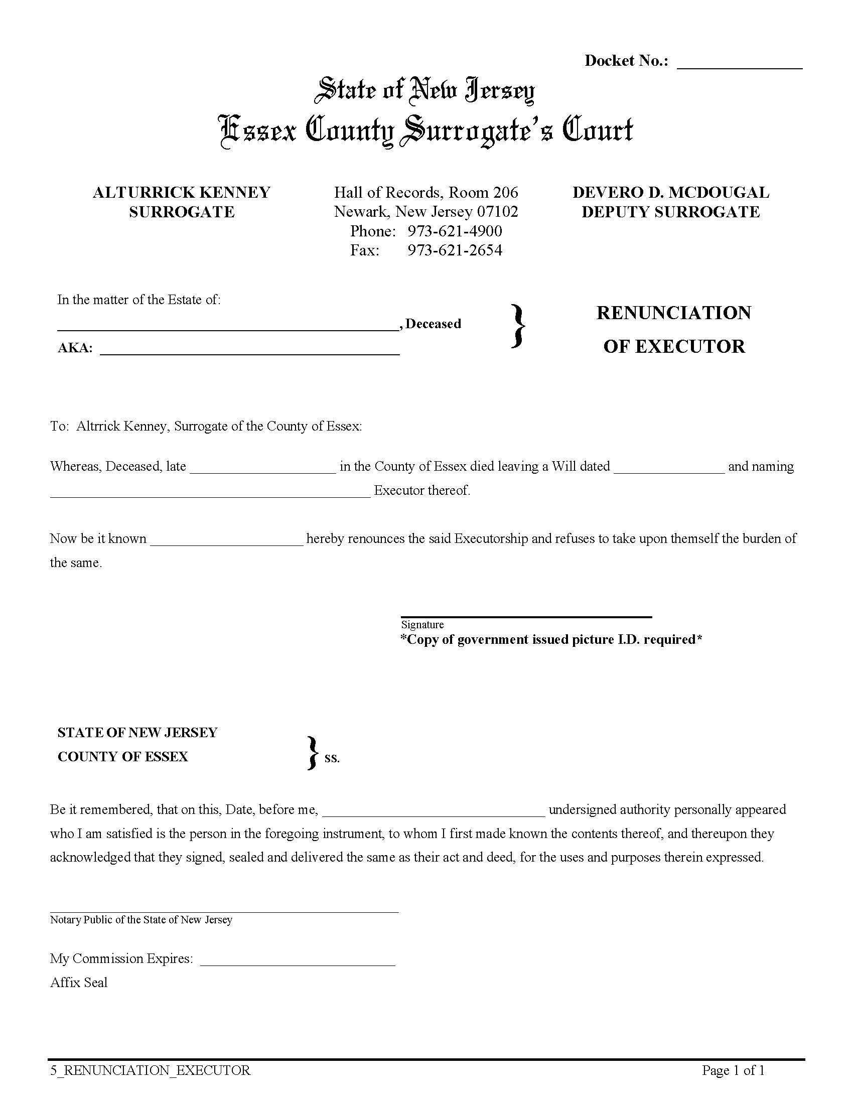 Renunciation Of Executor {ESS-RoE} | Pdf Fpdf Doc Docx | New Jersey