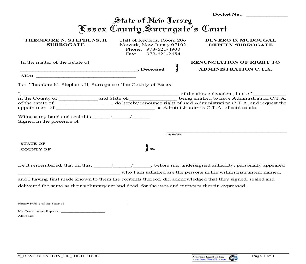 Renunciation Of Right To Administration CTA | Pdf Fpdf Doc Docx | New Jersey
