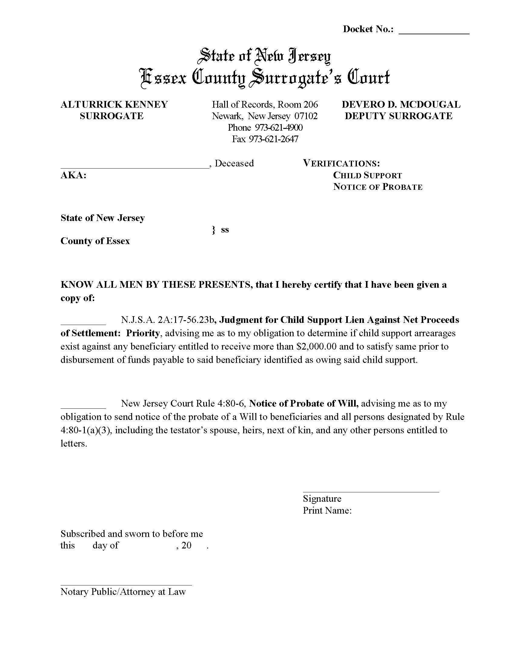 Verifications (Child Support - Notice Of Probate) {ESS-VCSNP} | Pdf Fpdf Doc Docx | New Jersey