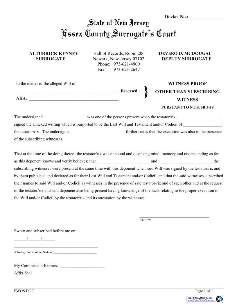 Witness Proof Other Than Subscribing Witness | Pdf Fpdf Docx | New Jersey