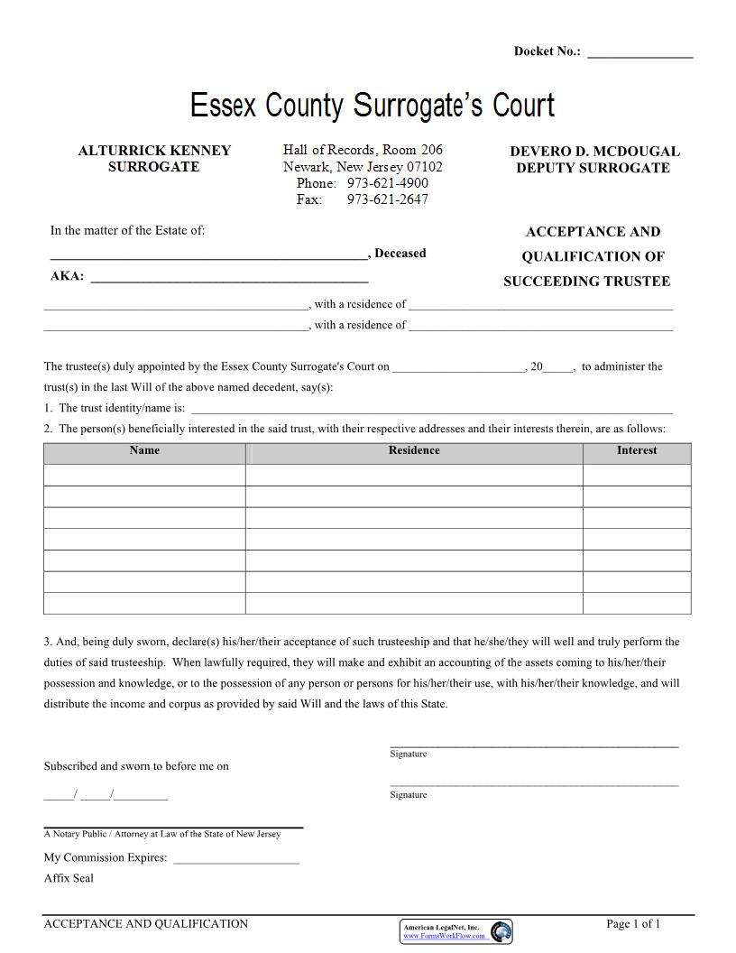 Acceptance And Qualification Of Succeeding Trustee | Pdf Fpdf Docx | New Jersey