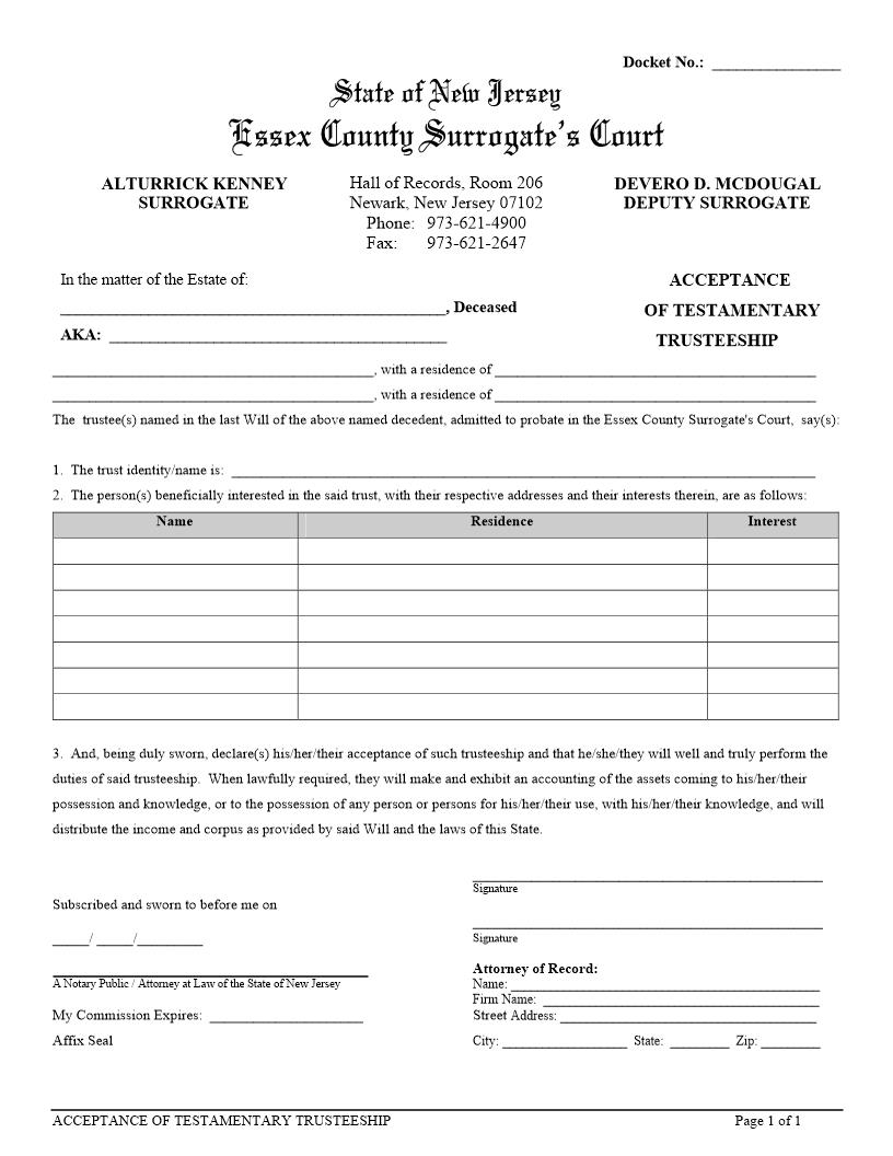 Acceptance Of Testamentary Trusteeship {ESS-ATT} | Pdf Fpdf Docx | New Jersey