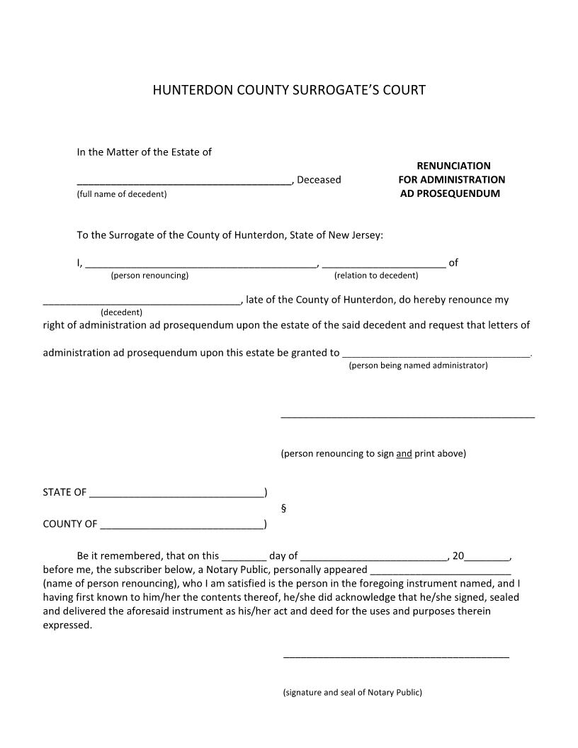 Renunciation For Administration Ad Prosequendum | Pdf Fpdf Docx | New Jersey
