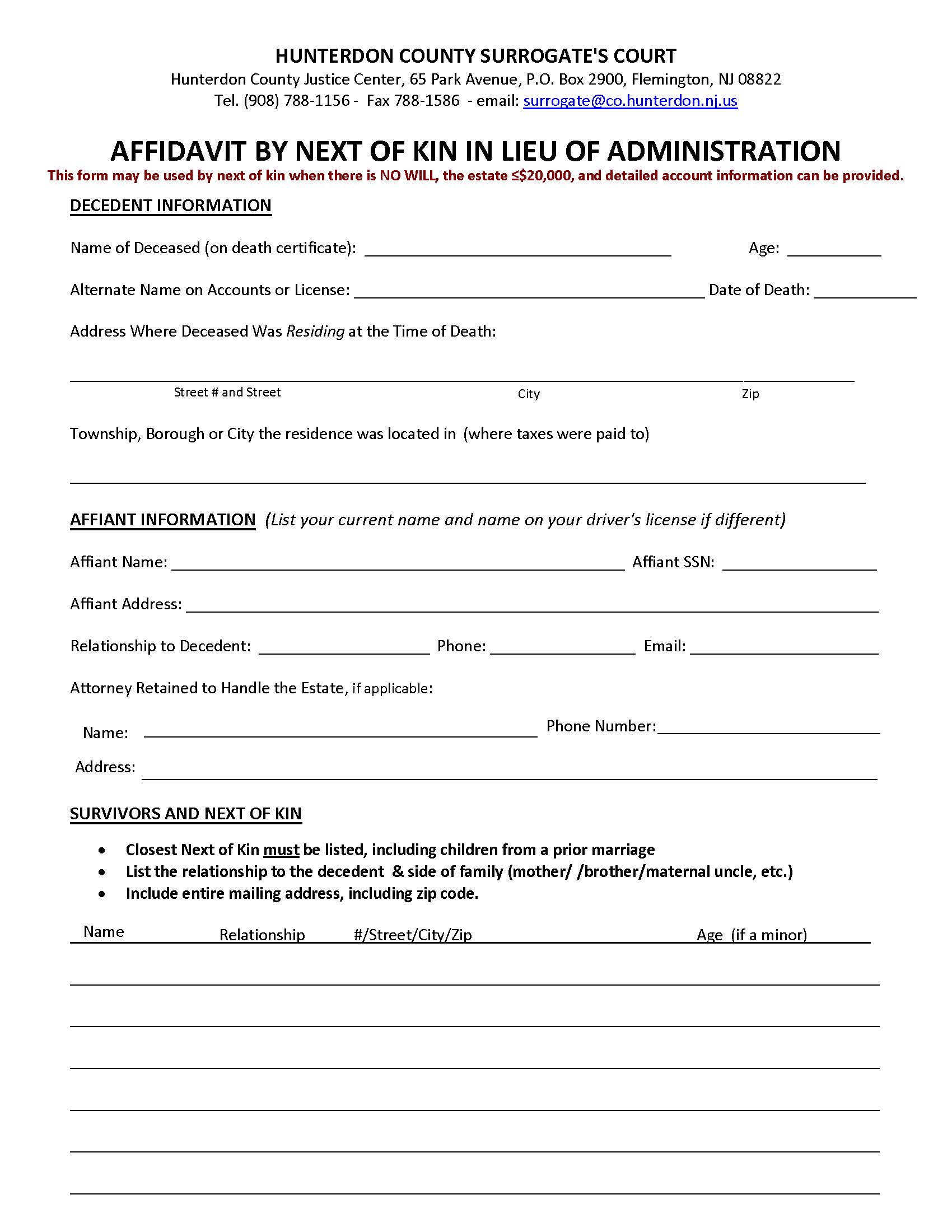 Affidavit By Next Of Kin In Lieu Of Administration | Pdf Fpdf Docx | New Jersey