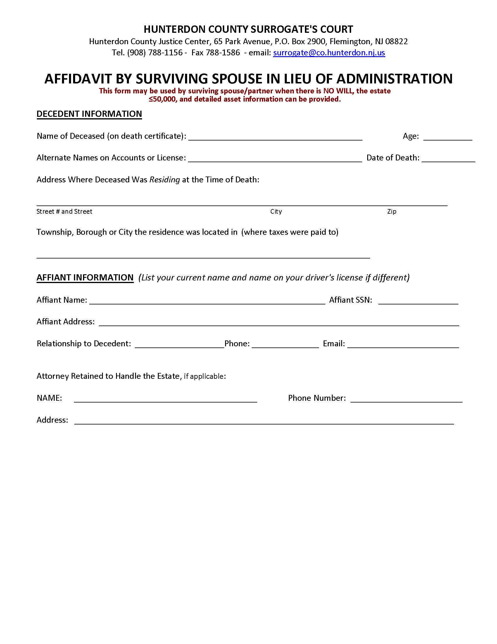 Affidavit By Surviving Spouse In Lieu Of Administration | Pdf Fpdf Docx | New Jersey