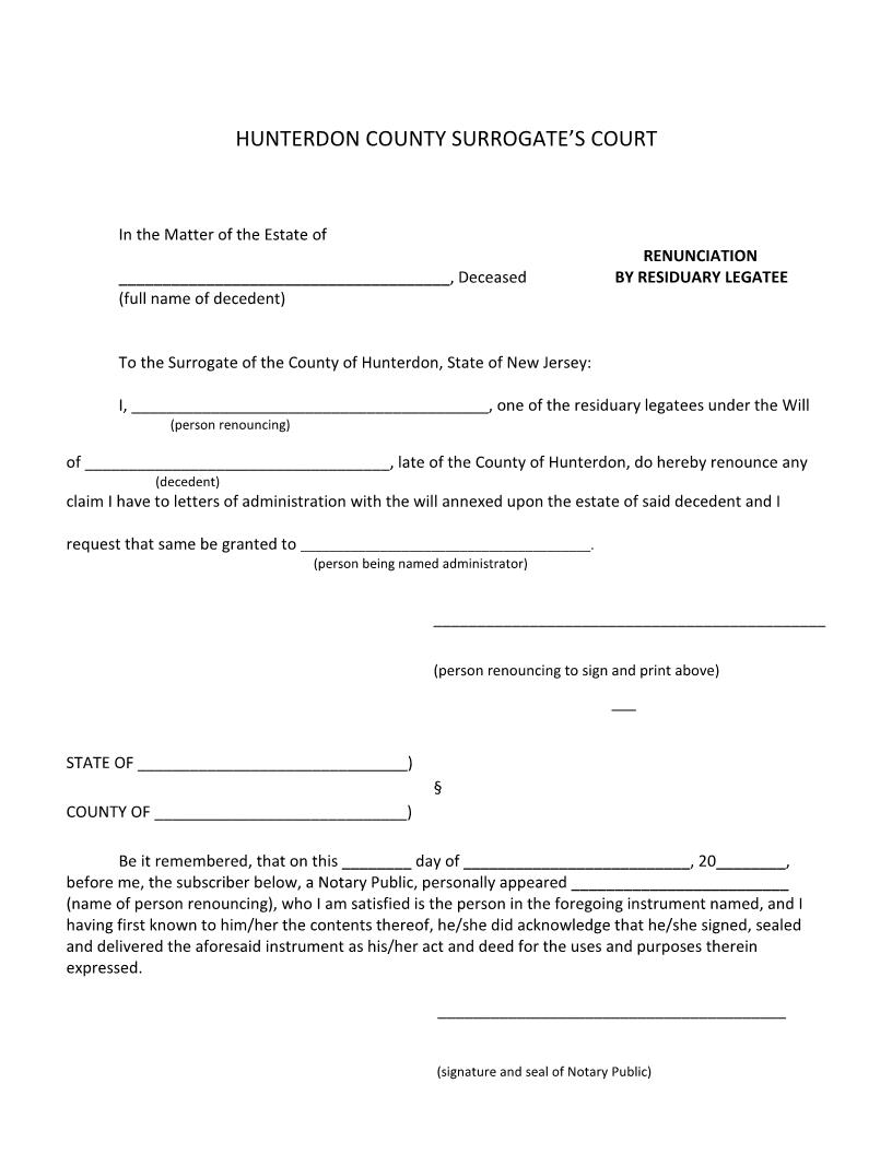 Renunciation By Residuary Legatee (CTA) | Pdf Fpdf Docx | New Jersey