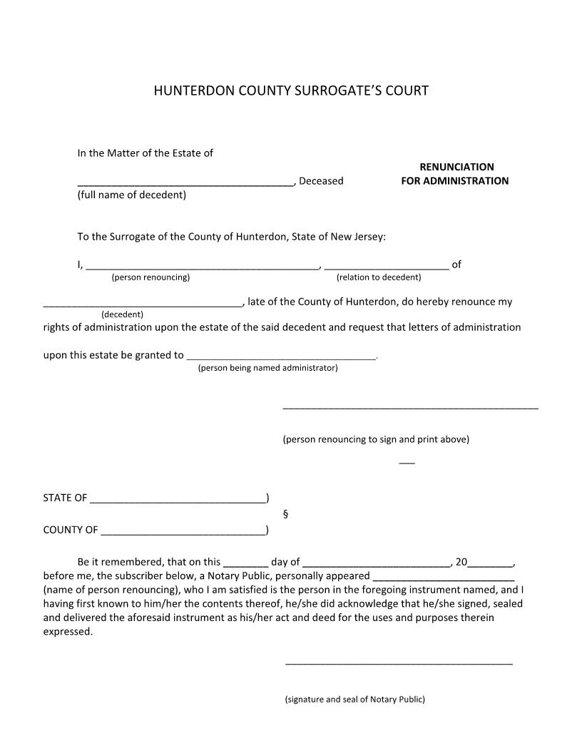 Renunciation For Administration | Pdf Fpdf Docx | New Jersey