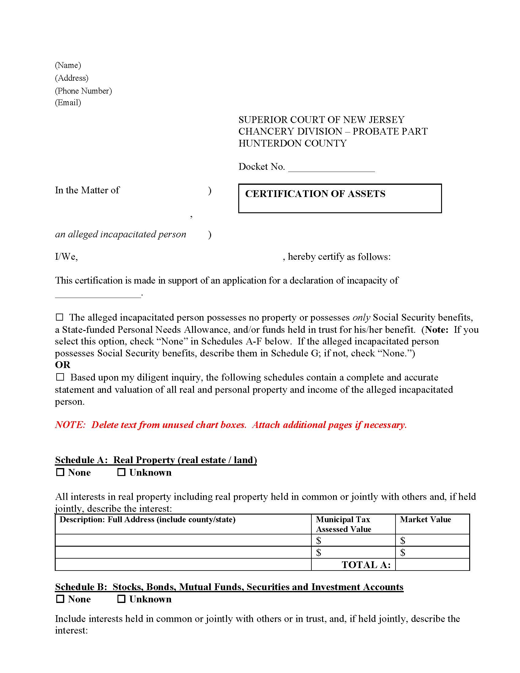 Certification Of Assets | Pdf Fpdf Docx | New Jersey