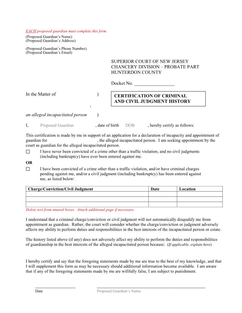 Certification Of Criminal And Civil Judgment History | Pdf Fpdf Docx | New Jersey