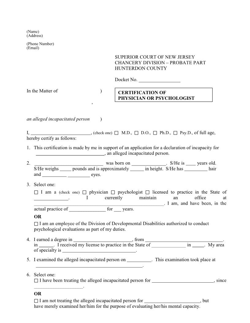 Certification Of Physician Or Psychologist | Pdf Fpdf Docx | New Jersey