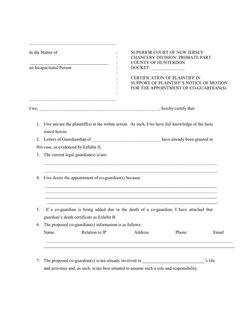 Certification Of Plaintiff In Support Of Notice Of Motion Appointment Of Co-Guardian(s) | Pdf Fpdf Docx | New Jersey