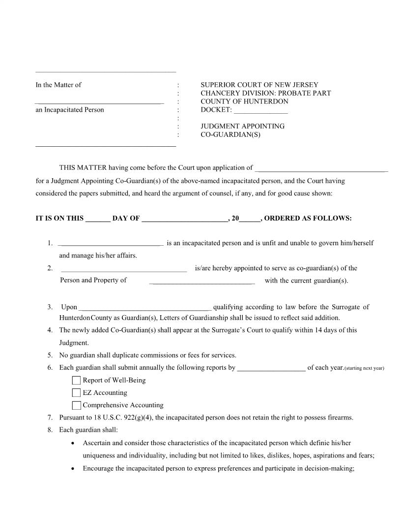 Judgment Appointing Co-Guardian(s) | Pdf Fpdf Docx | New Jersey