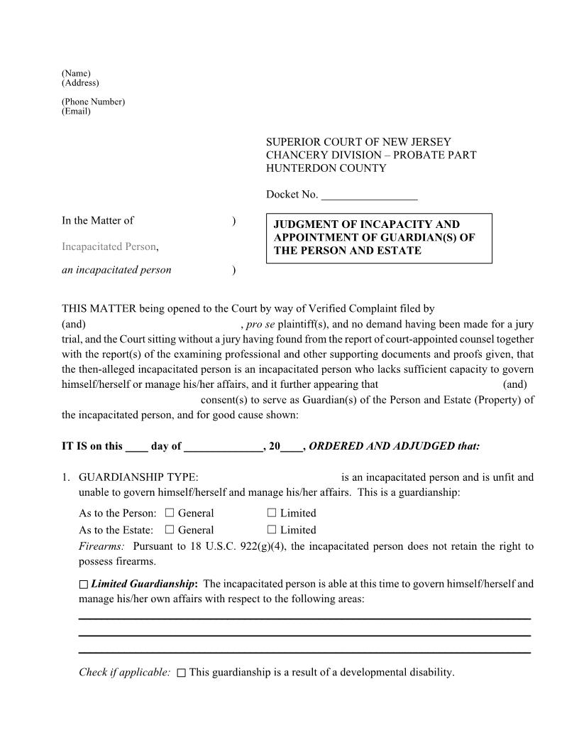 Judgment Of Incapacity Appointment Of Guardian(s) Of Person And Estate | Pdf Fpdf Docx | New Jersey