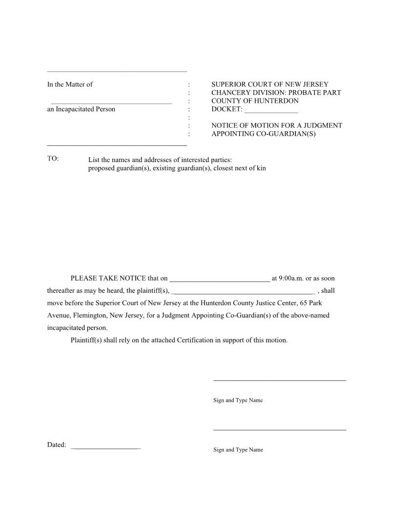 Notice Of Motion For Judgment Appointing Co-Guardian(s) | Pdf Fpdf Docx | New Jersey
