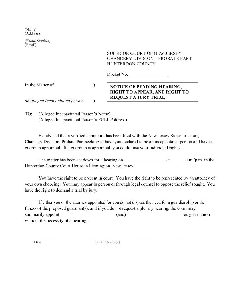 Notice Of Pending Hearing Right To Appear And Request Jury Trial | Pdf Fpdf Docx | New Jersey
