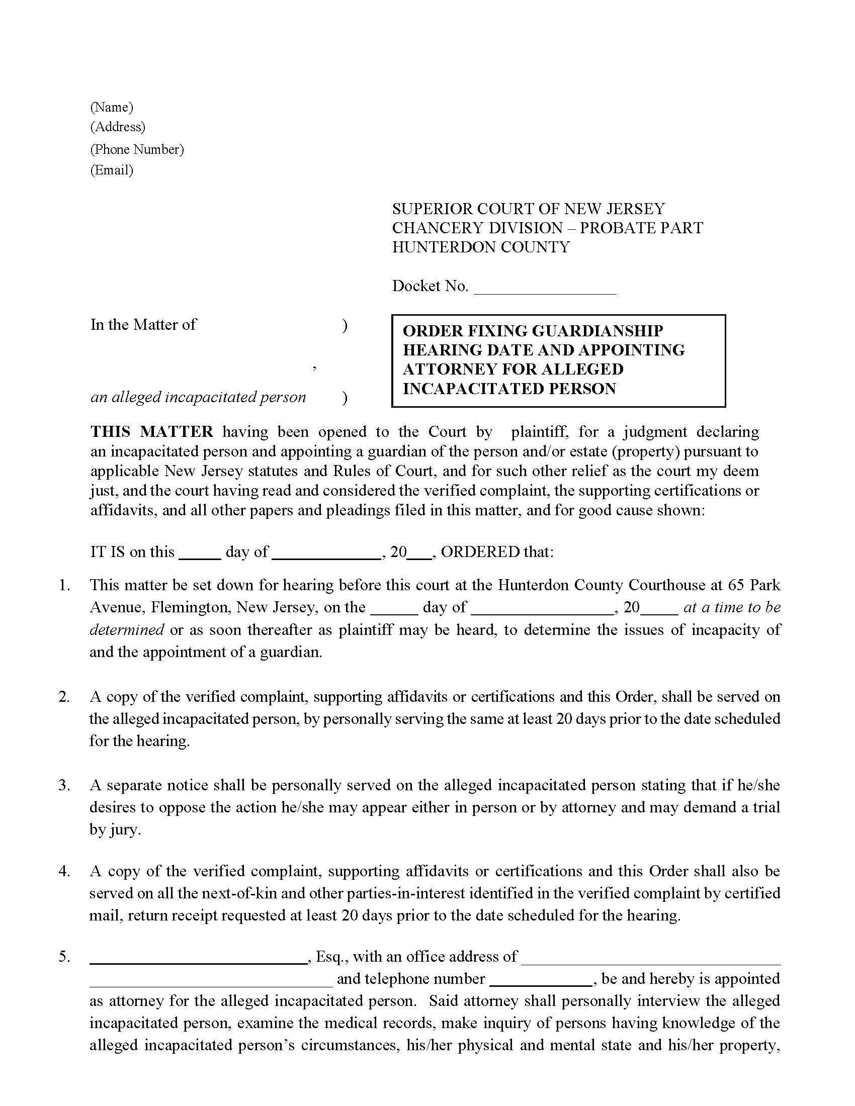 Order Fixing Guardianship Hearing Appointing Attorney For Alleged Incapacitated Person | Pdf Fpdf Docx | New Jersey