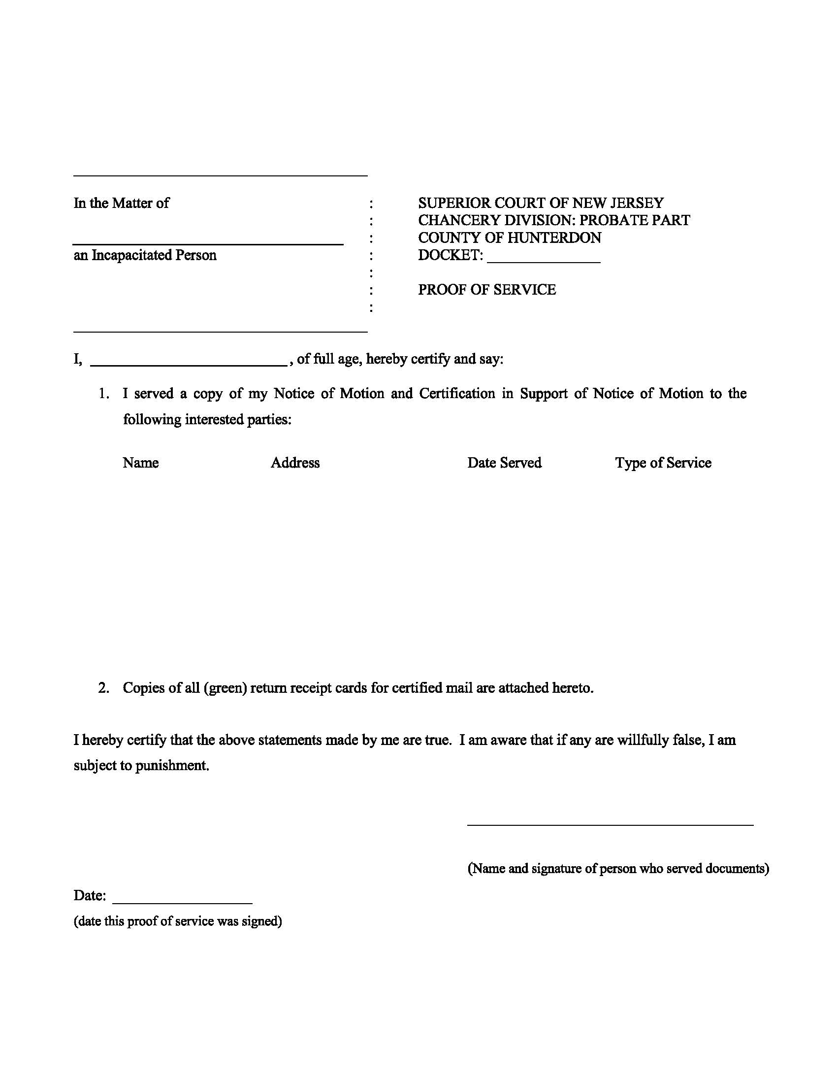 Proof Of Service Co-Guardian(s) Motion | Pdf Fpdf Docx | New Jersey