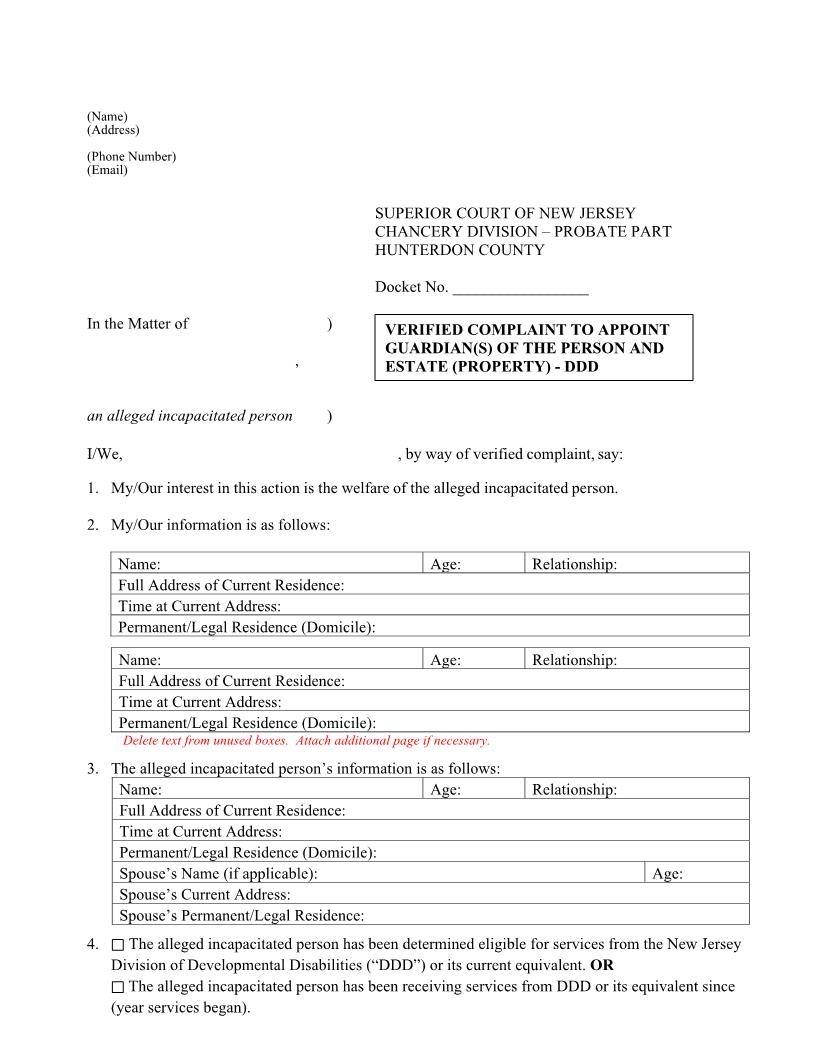 Verified Complaint To Appoint Guardian(s) Of The Person And Estate (Property) - DDD | Pdf Fpdf Docx | New Jersey