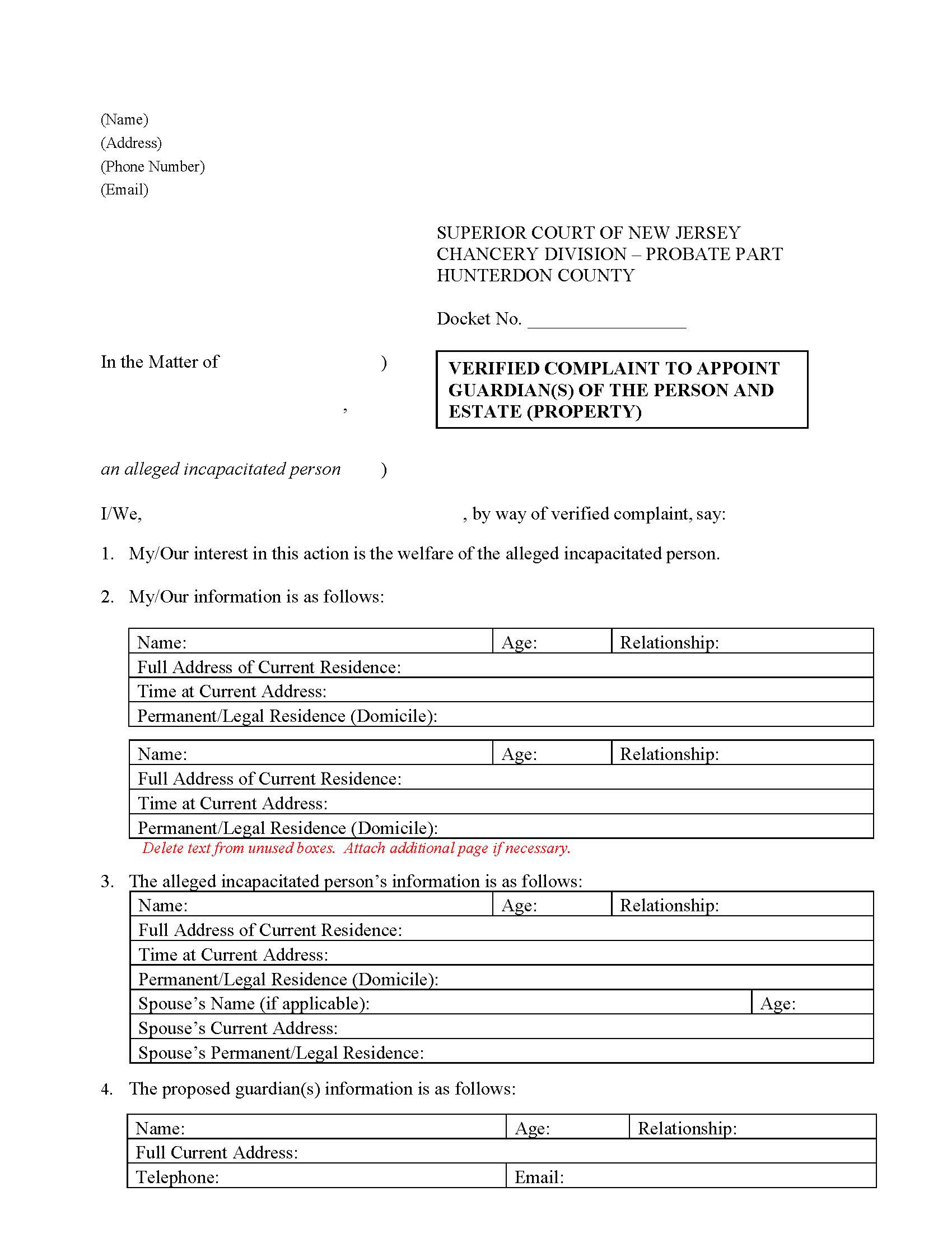 Verified Complaint To Appoint Guardian(s) Of The Person And Estate (Property) | Pdf Fpdf Docx | New Jersey
