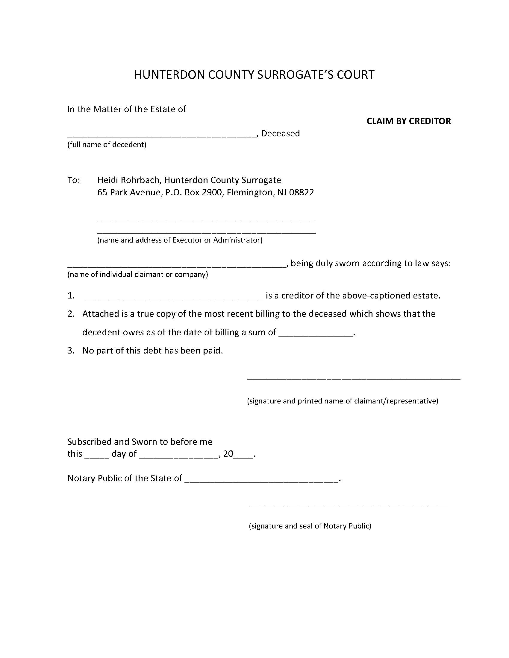 Claim By Creditor | Pdf Fpdf Docx | New Jersey