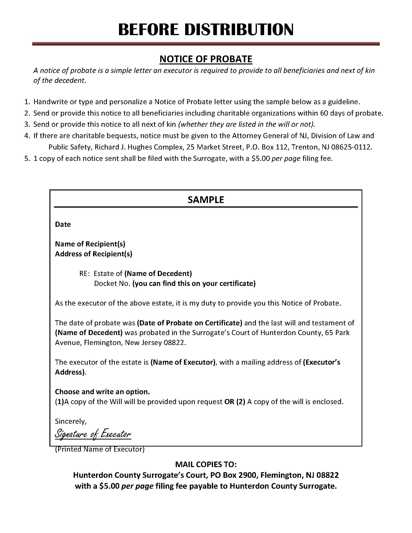 Notice Of Probate (Sample And Form) | Pdf Fpdf Docx | New Jersey