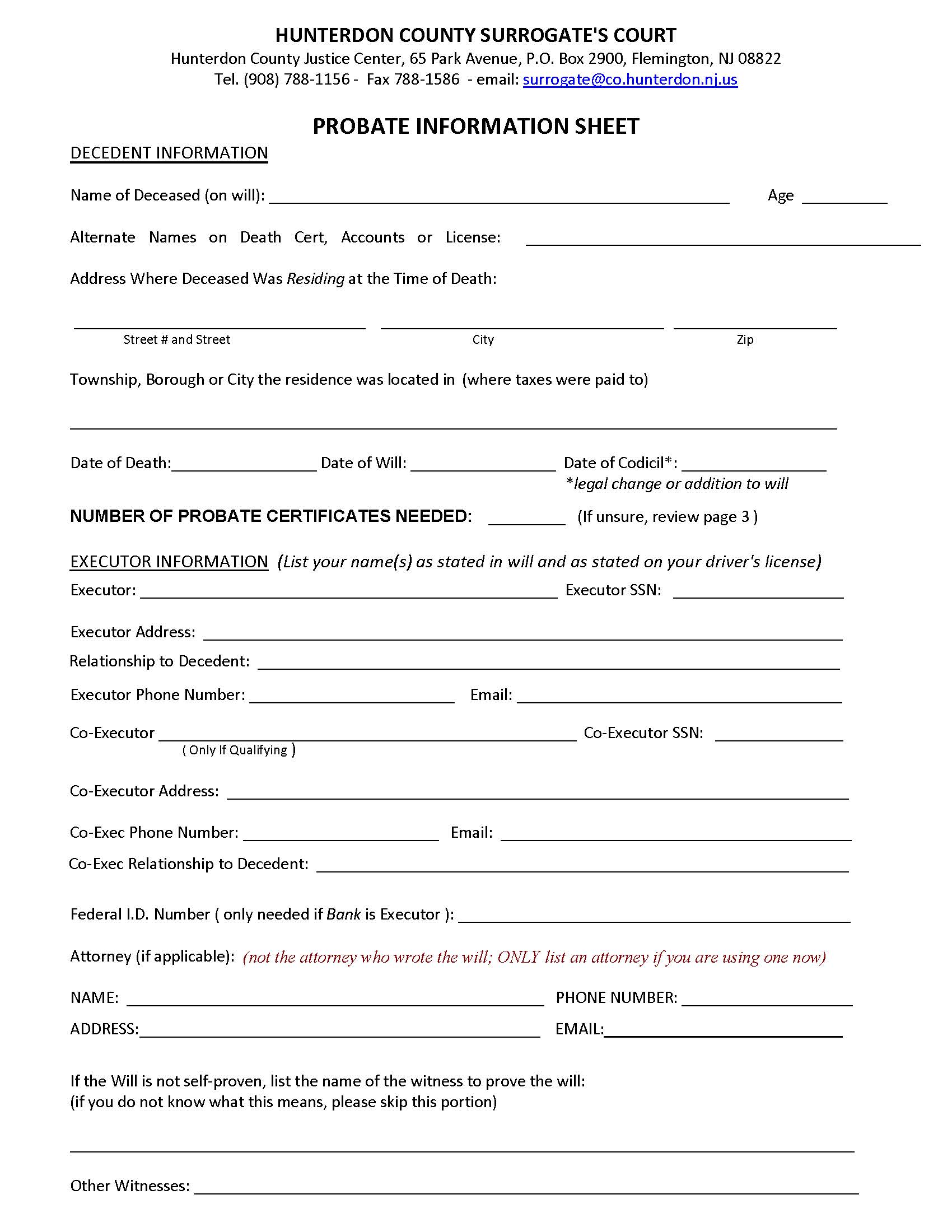 Probate Information Sheet {HUN PIS} | Pdf Fpdf Doc Docx | New Jersey