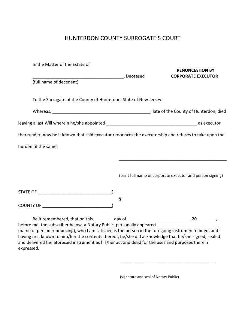 Renunciation By Corporate Executor | Pdf Fpdf Docx | New Jersey
