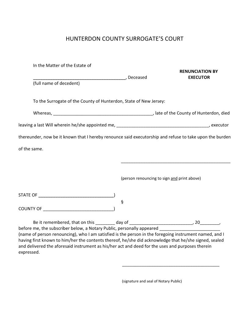 Renunciation By Executor | Pdf Fpdf Docx | New Jersey