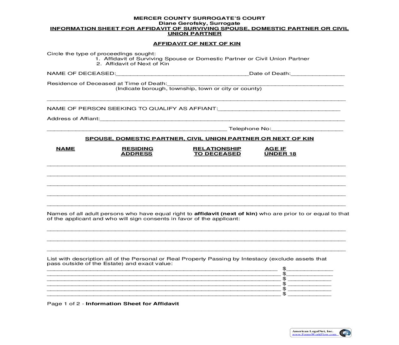 Information Sheet For Affidavit Of Surviving Spouse Domestic Partner Or Civil Union Partner Or Next Of Kin | Pdf Fpdf Doc Docx | New Jersey