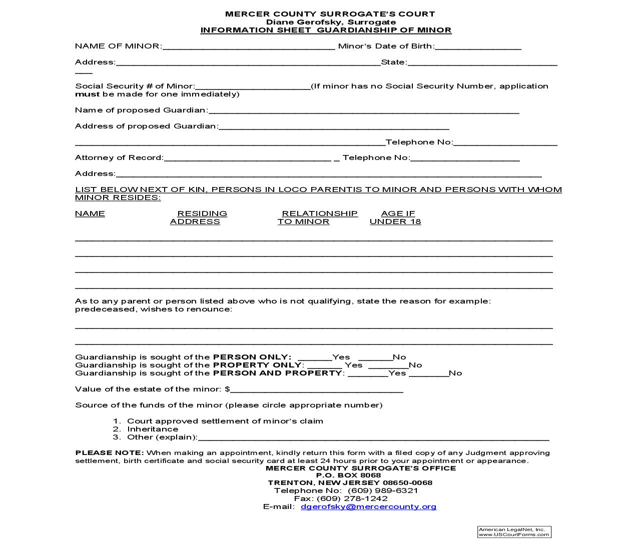 Information Sheet Guardianship Of Minor | Pdf Fpdf Doc Docx | New Jersey