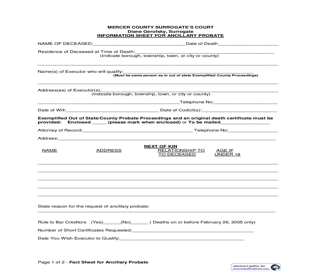 Information Sheet For Ancillary Probate | Pdf Fpdf Doc Docx | New Jersey