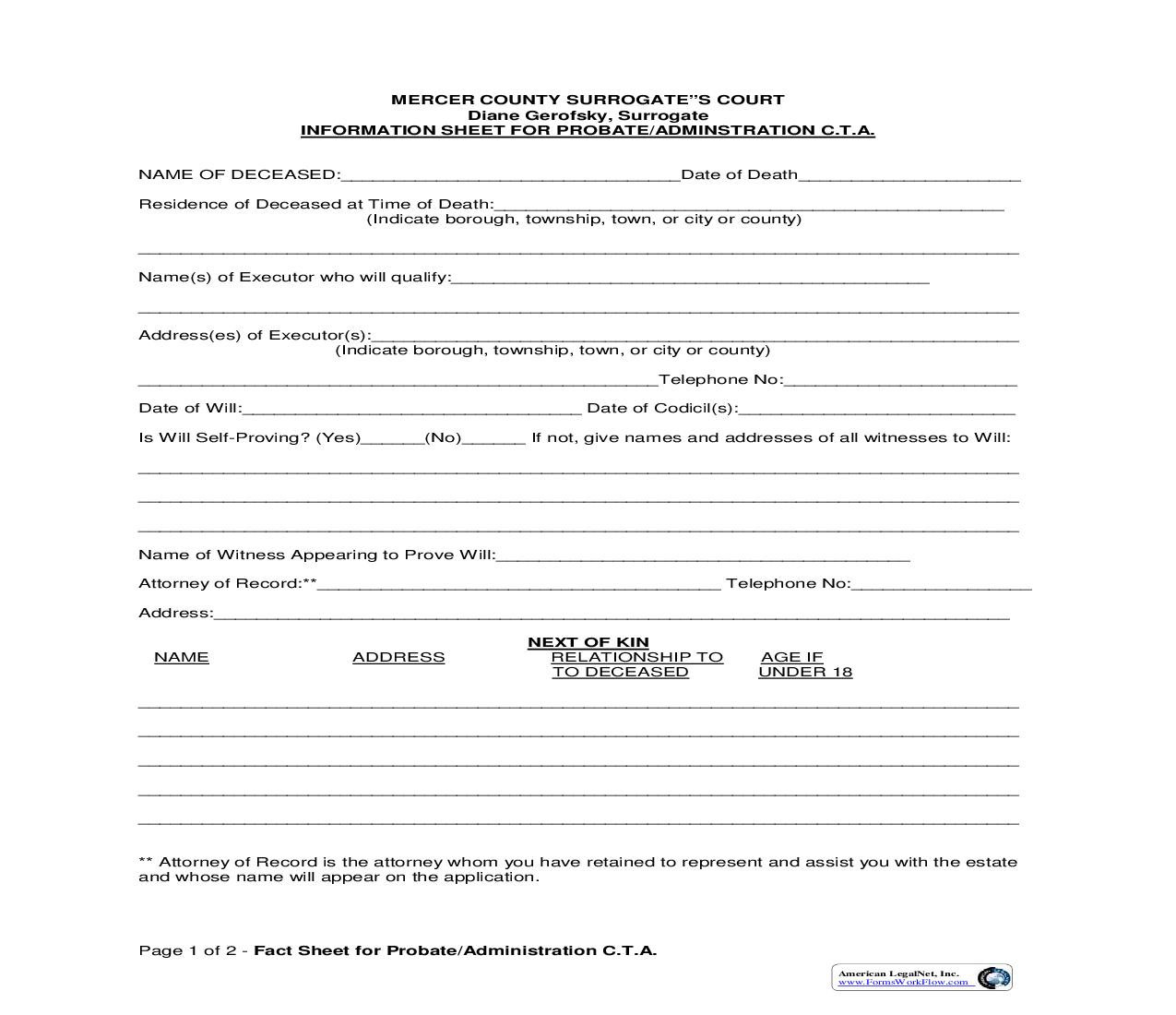 Information Sheet For Probate Or Administration CTA | Pdf Fpdf Doc Docx | New Jersey