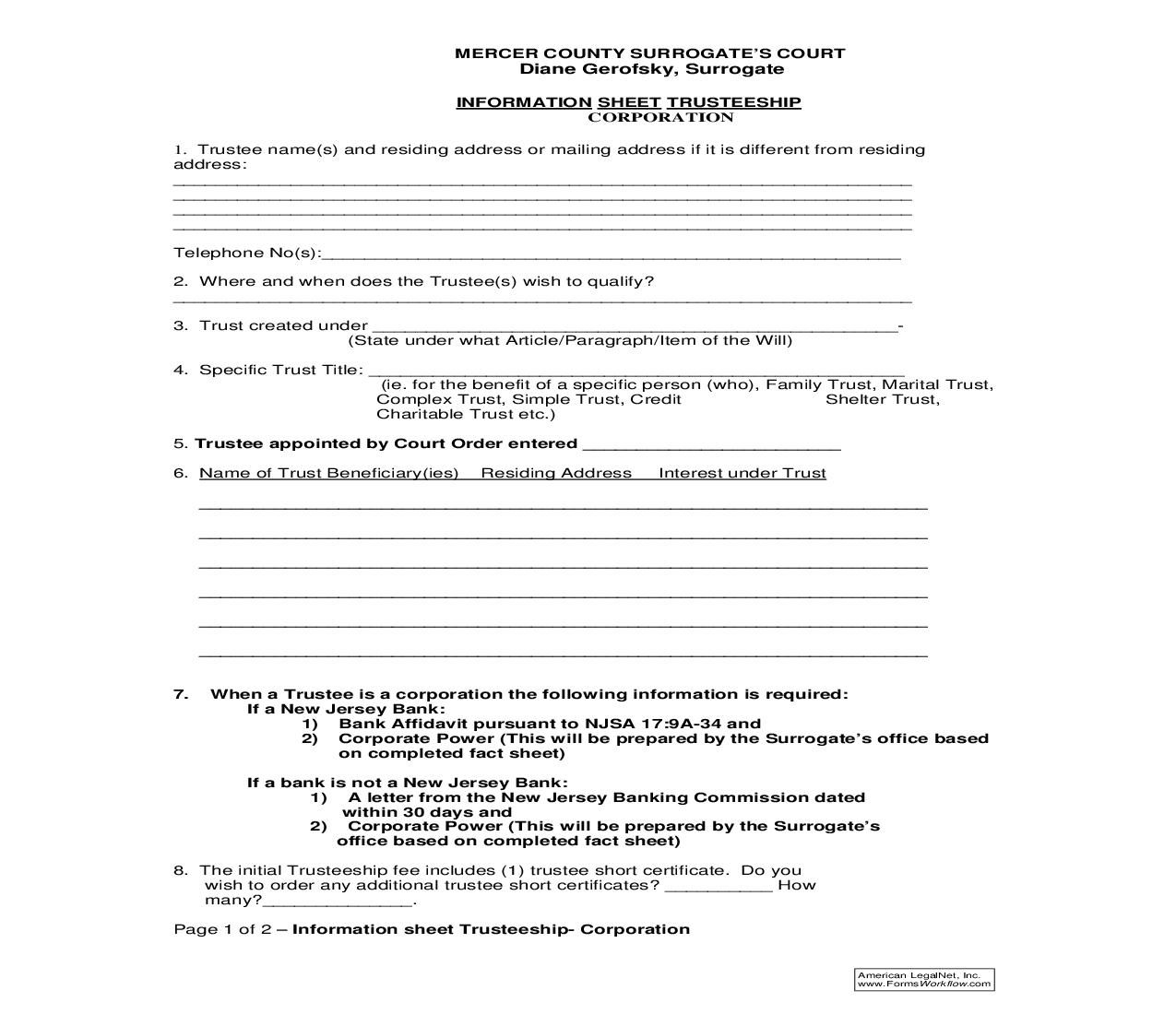 Information Sheet Trusteeship-Corporation | Pdf Fpdf Doc Docx | New Jersey