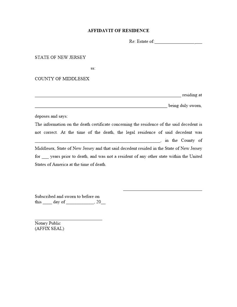 Affidavit Of Residence | Pdf Fpdf Doc Docx | New Jersey