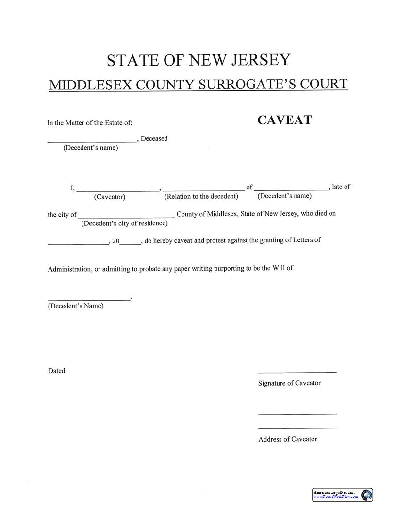 Caveat (Against Probate Of Will) | Pdf Fpdf Docx | New Jersey