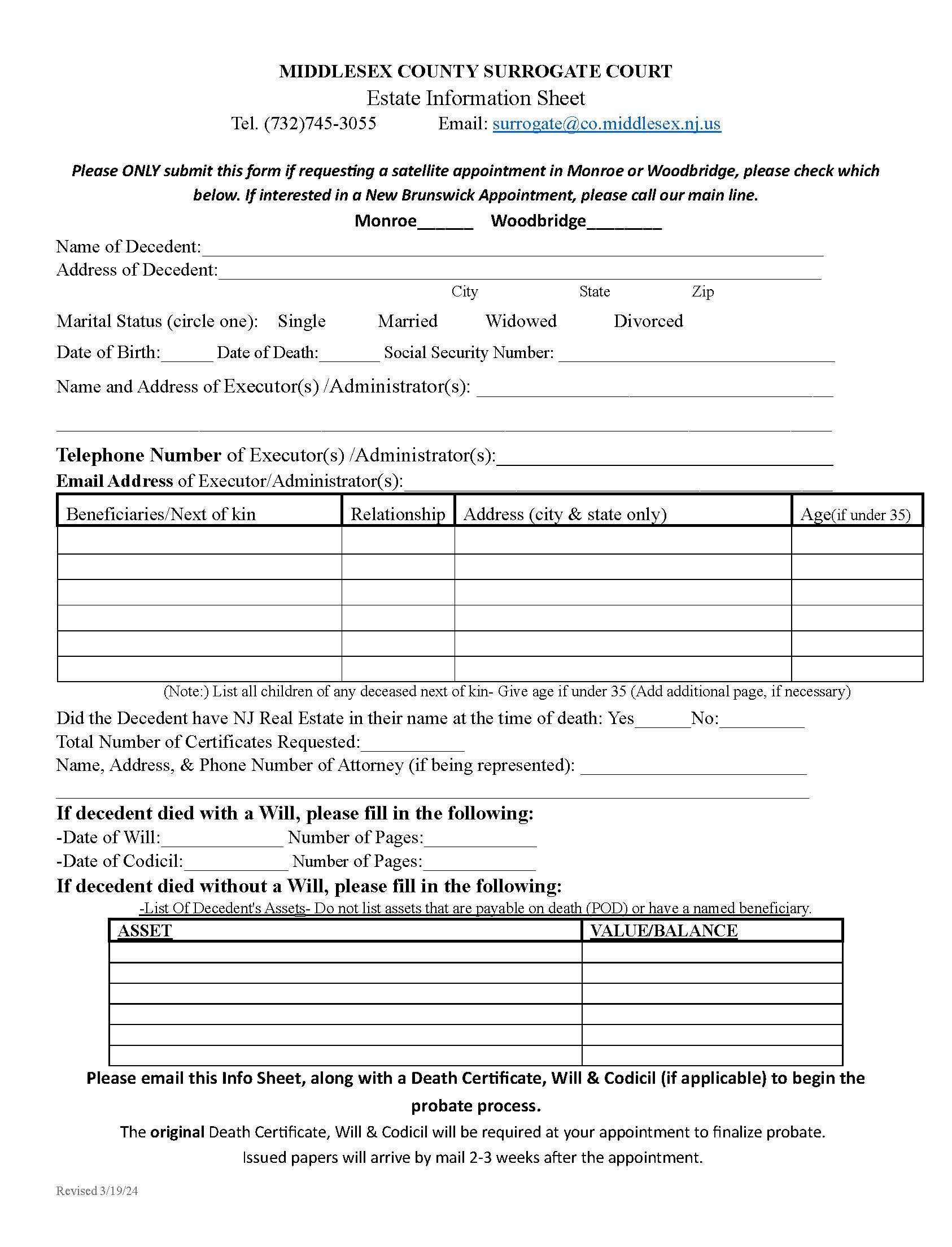 Estate Information Sheet | Pdf Fpdf Docx | New Jersey