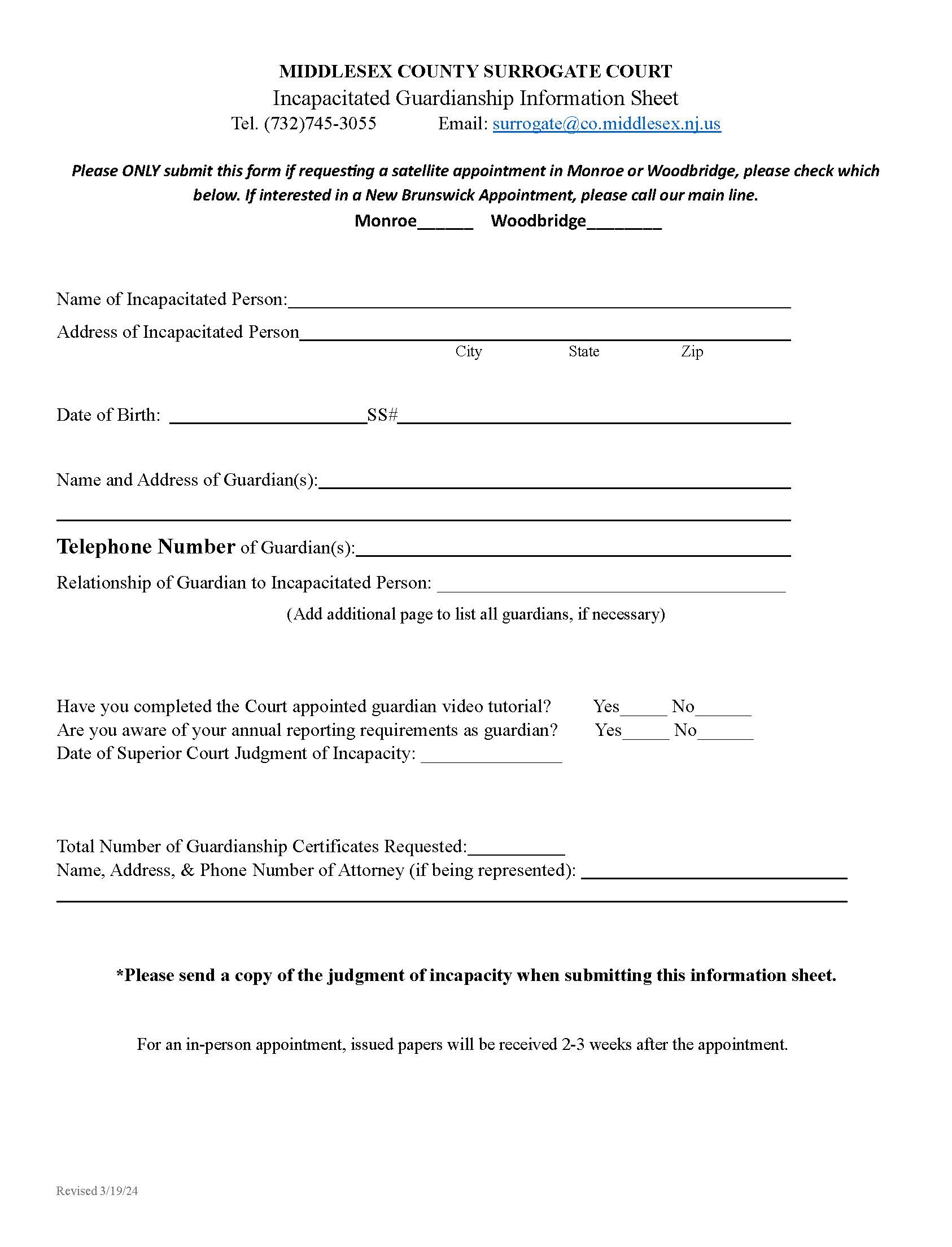 Incapacitated Guardianship Information Sheet | Pdf Fpdf Docx | New Jersey