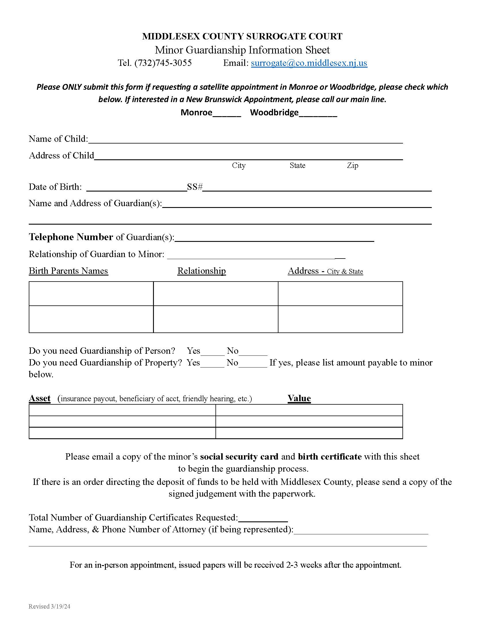 Minor Guardianship Information Sheet | Pdf Fpdf Docx | New Jersey