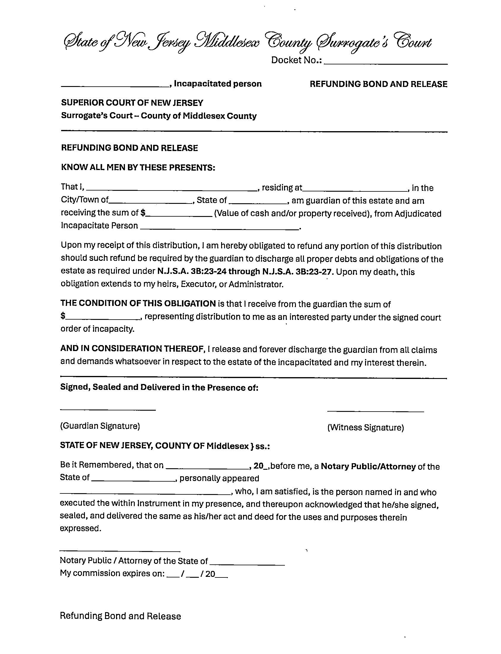 Refunding Bond And Release (Guardianship) | Pdf Fpdf Docx | New Jersey