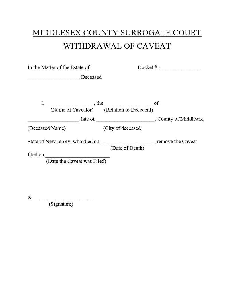 Withdrawal Of Caveat (Against Probate Of Will) | Pdf Fpdf Doc Docx | New Jersey