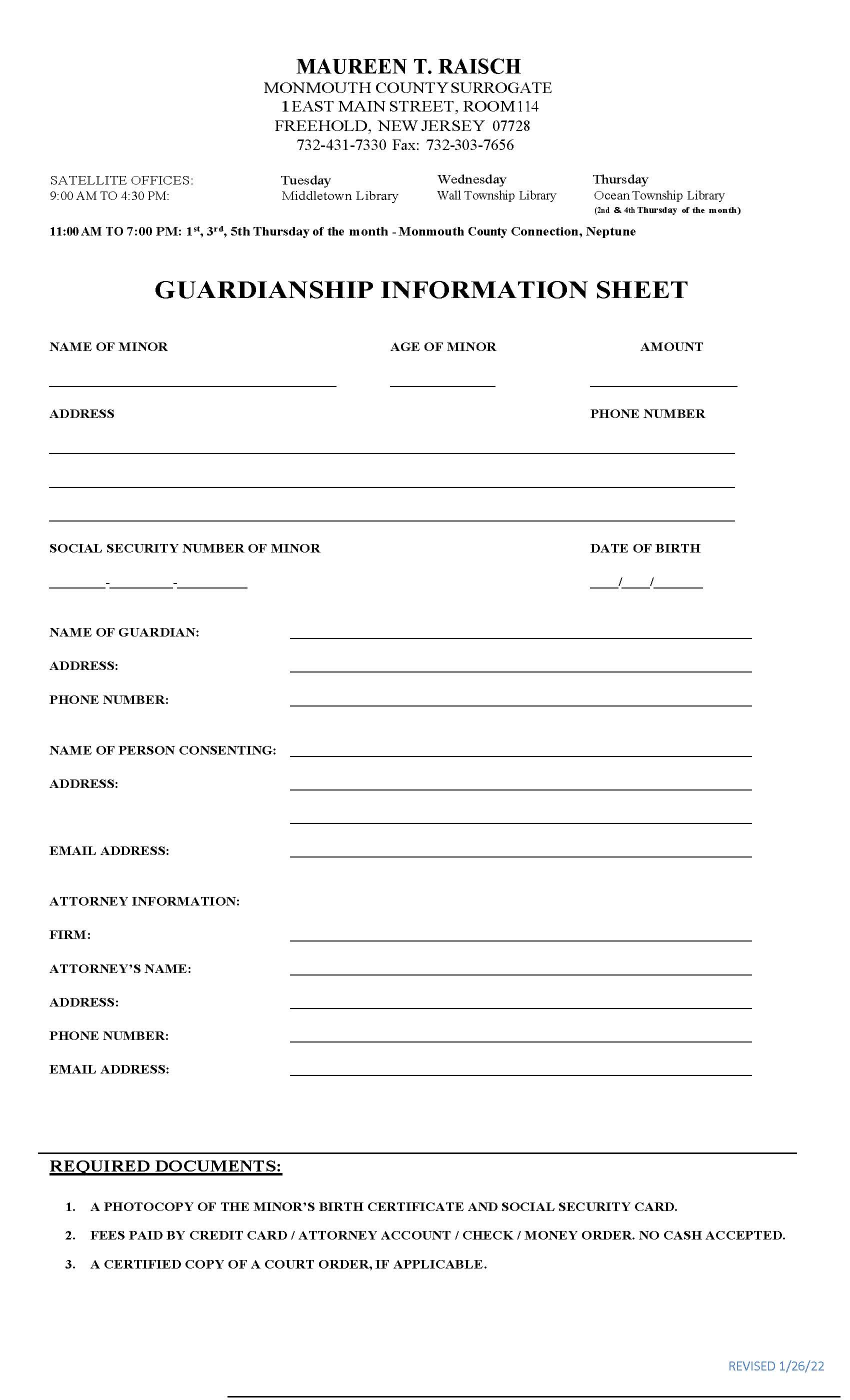 (Minor) Guardianship Information Sheet | Pdf Fpdf Docx | New Jersey