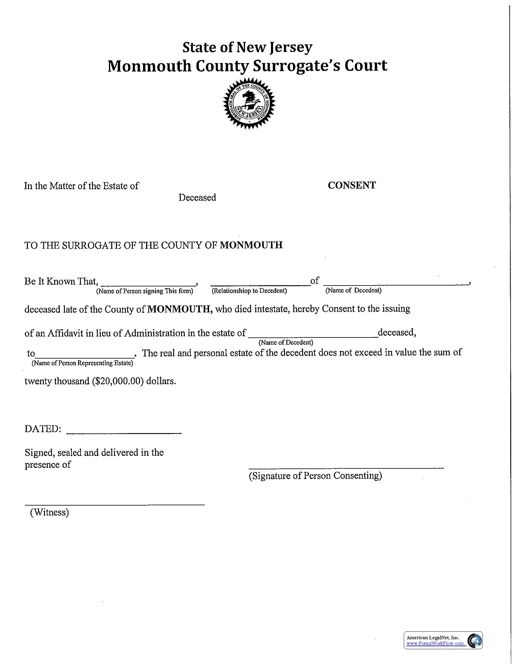Consent (Affidavit Of Next Of Kin) | Pdf Fpdf Doc Docx | New Jersey
