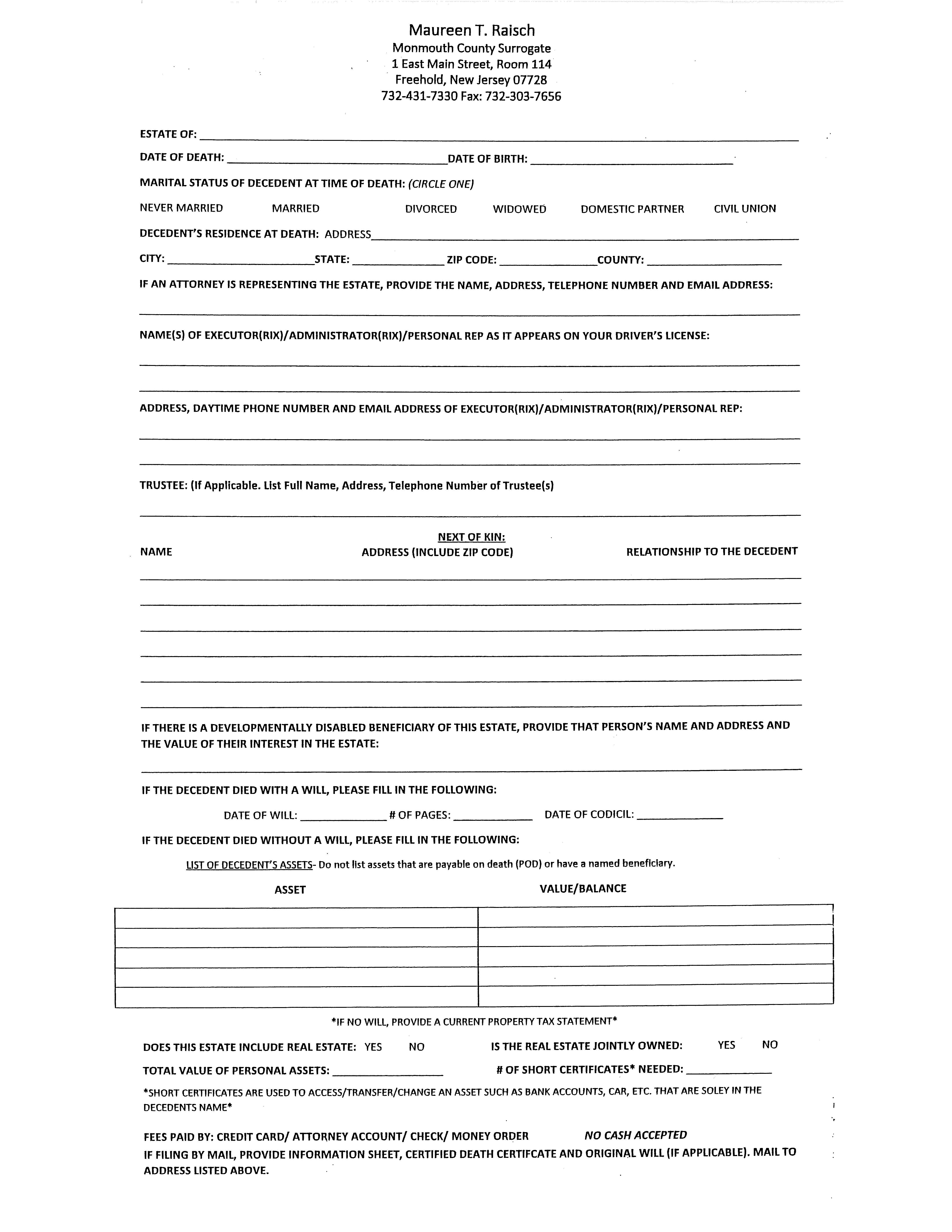 Decedent Information Sheet | Pdf Fpdf Docx | New Jersey