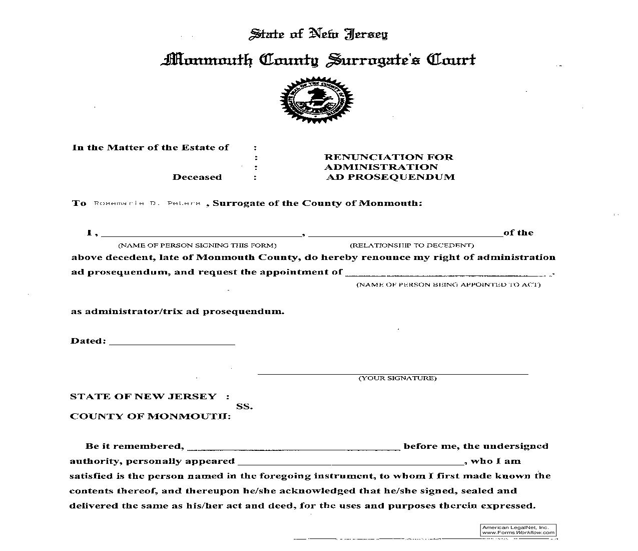 Renunciation For Administration Ad Prosequendum | Pdf Fpdf Doc Docx | New Jersey