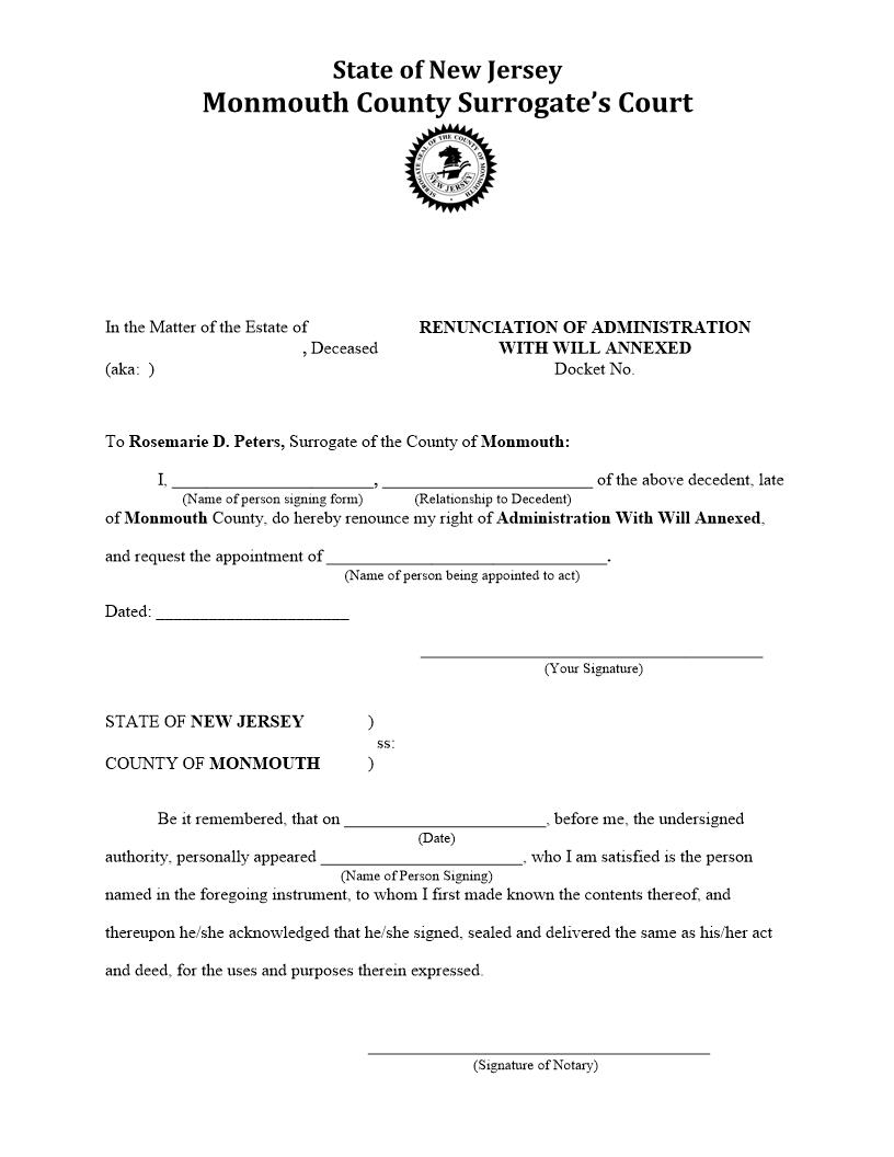 Renunciation For Administration With Will Annexed | Pdf Fpdf Docx | New Jersey
