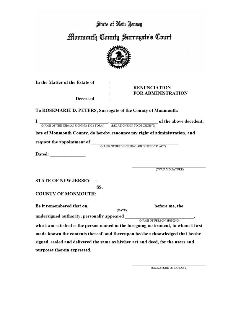 Renunciation For Administration | Pdf Fpdf Doc Docx | New Jersey