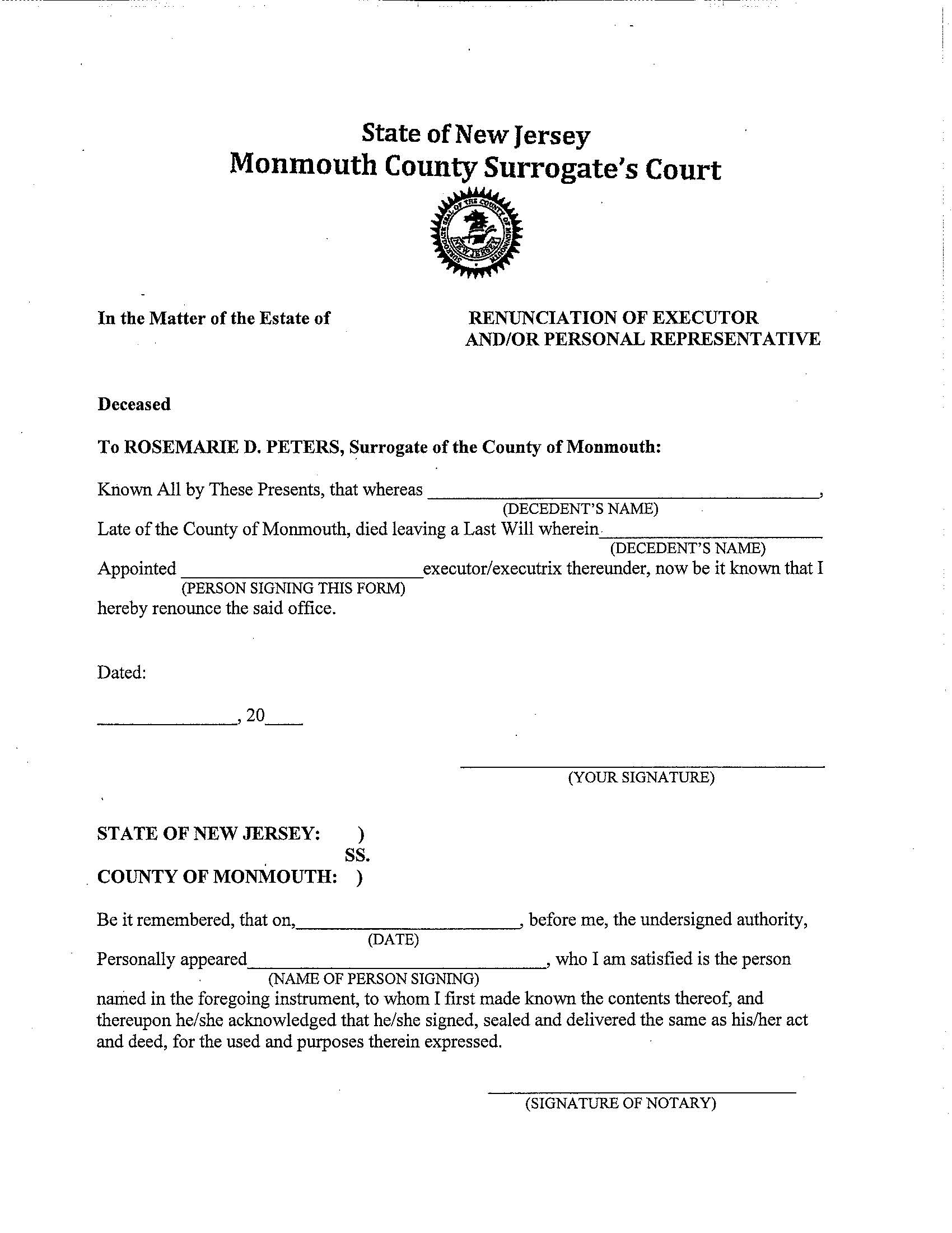 Renunciation Of Executor And-Or Personal Representative | Pdf Fpdf Doc Docx | New Jersey